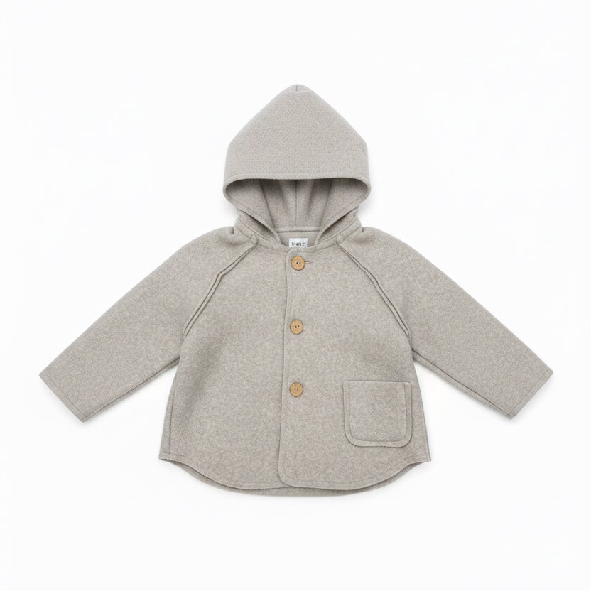 A front view of the Snug grey hooded jacket.