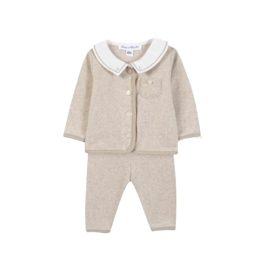 A front view of the Tartine et Chocolat beige heather newborn outfit with a Peter Pan collar.