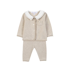 A front view of the Tartine et Chocolat beige heather newborn outfit with a Peter Pan collar.