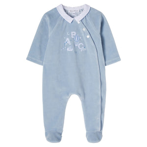 Blue baby onesie with white collar and ABC design on a white background