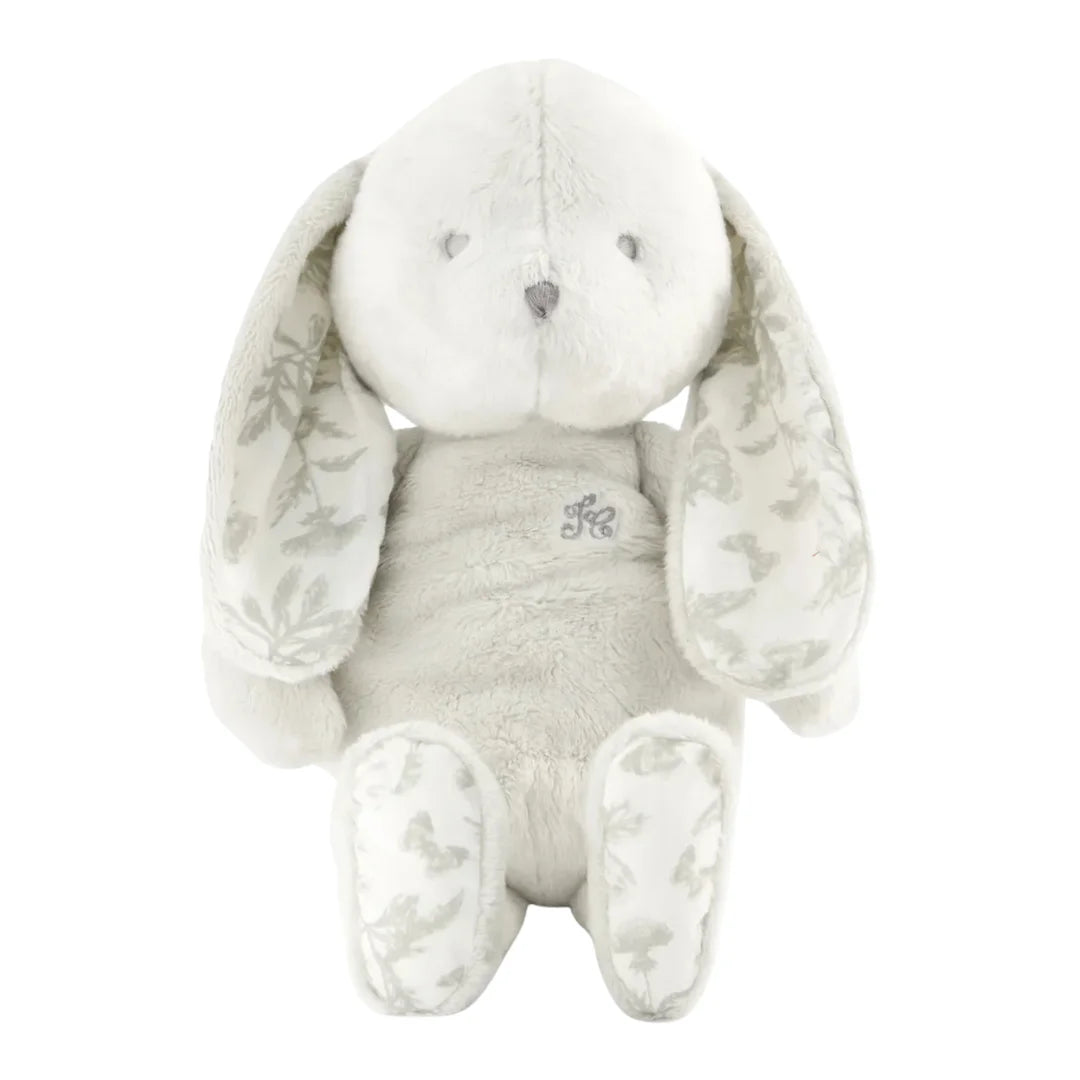 Studio front view of the Tartine et Chocolat grey toile luxury plush bunny toy.