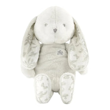 Studio front view of the Tartine et Chocolat grey toile luxury plush bunny toy.