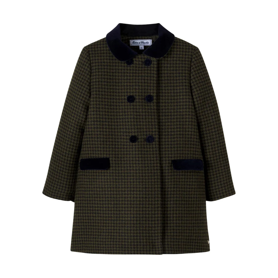 A front view of the Tartine et Chocolat houndstooth wool-blend coat in olive.