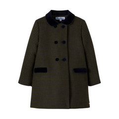 A front view of the Tartine et Chocolat houndstooth wool-blend coat in olive.