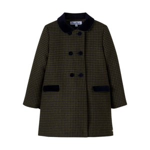 A front view of the Tartine et Chocolat houndstooth wool-blend coat in olive.