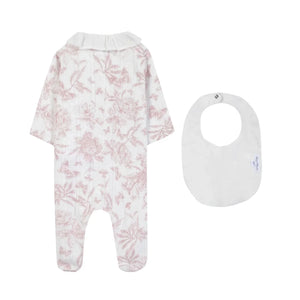 The clean back view of the luxury newborn designer cotton jumpsuit.