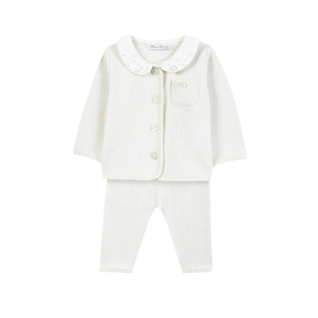 A front view of the Tartine et Chocolat ecru newborn outfit with a Peter Pan collar and hedgehog embroidery.