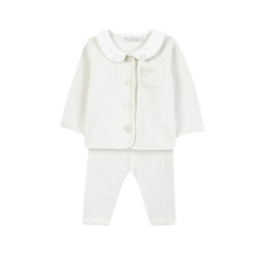 A front view of the Tartine et Chocolat ecru newborn outfit with a Peter Pan collar and hedgehog embroidery.