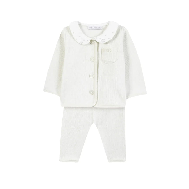 A front view of the Tartine et Chocolat ecru newborn outfit with a Peter Pan collar and hedgehog embroidery.