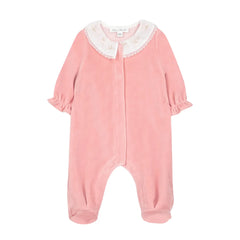 A front view of the Tartine et Chocolat peach baby footie with a velvet ruffled collar.