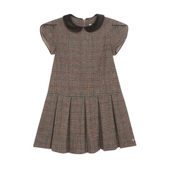 A front view of the Tartine et Chocolat brown velvet and wool girls dress with star embroidery.