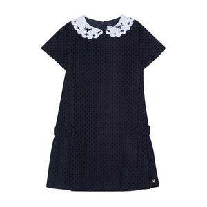 A front view of the Tartine et Chocolat navy wool girls dress with a scalloped Peter Pan collar.