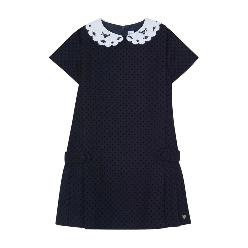 A front view of the Tartine et Chocolat navy wool girls dress with a scalloped Peter Pan collar.