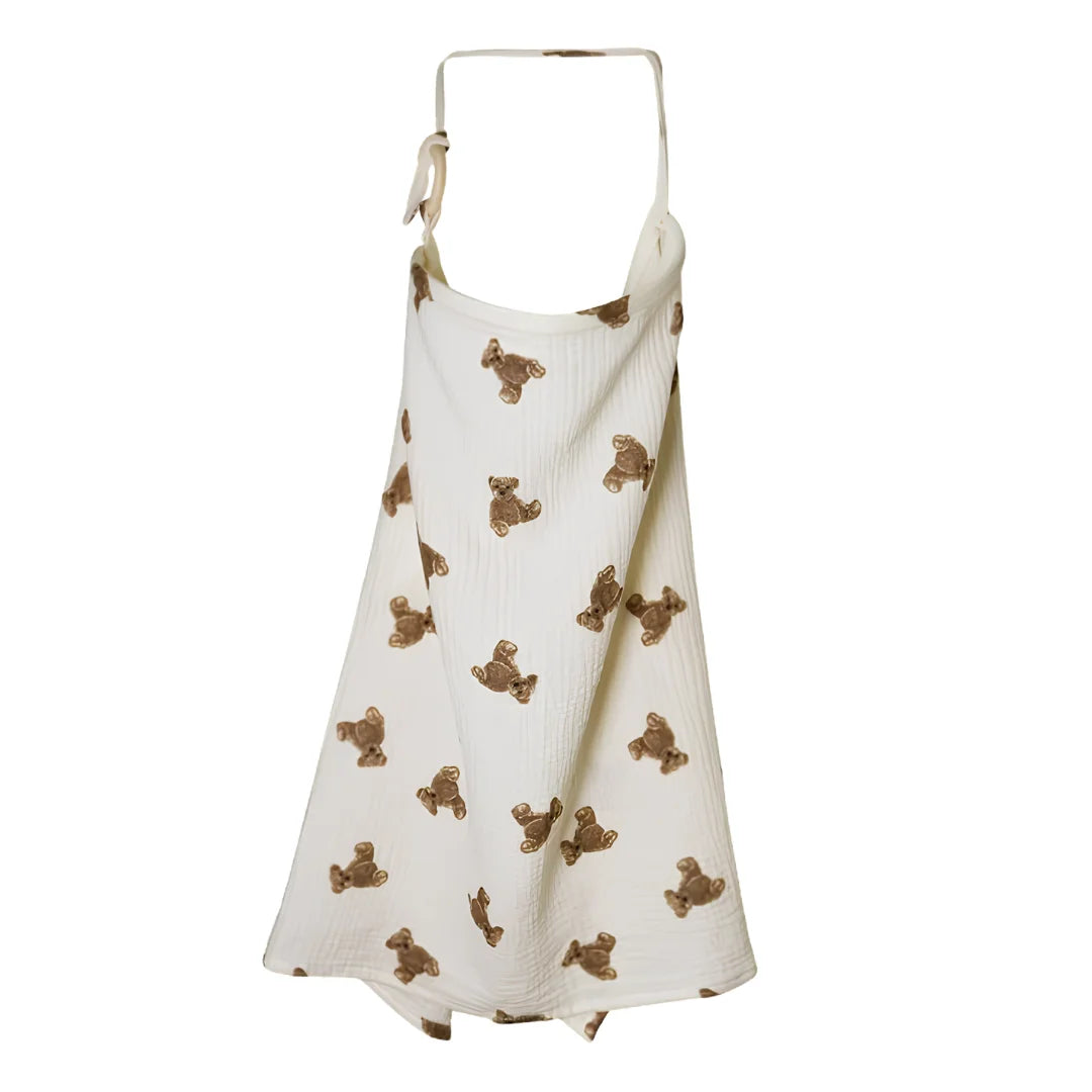 A front view of the ivory teddy bear print muslin nursing cover.