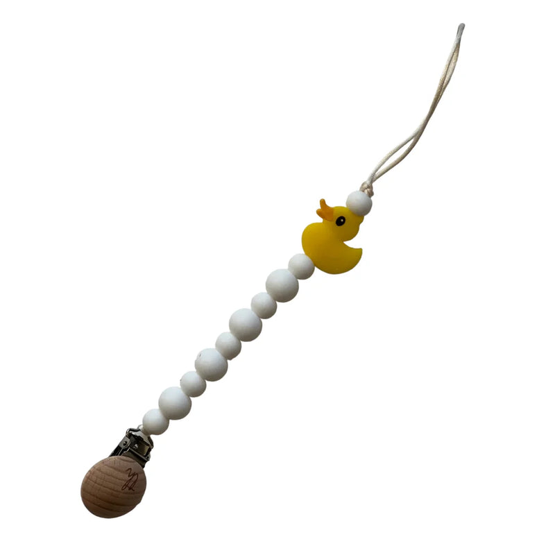 A vibrant Three Hearts & Co. Fun Bead Teether Clip in Duck Yellow silicone, showcasing the sculpted architectural beadwork and high-end clip detail.