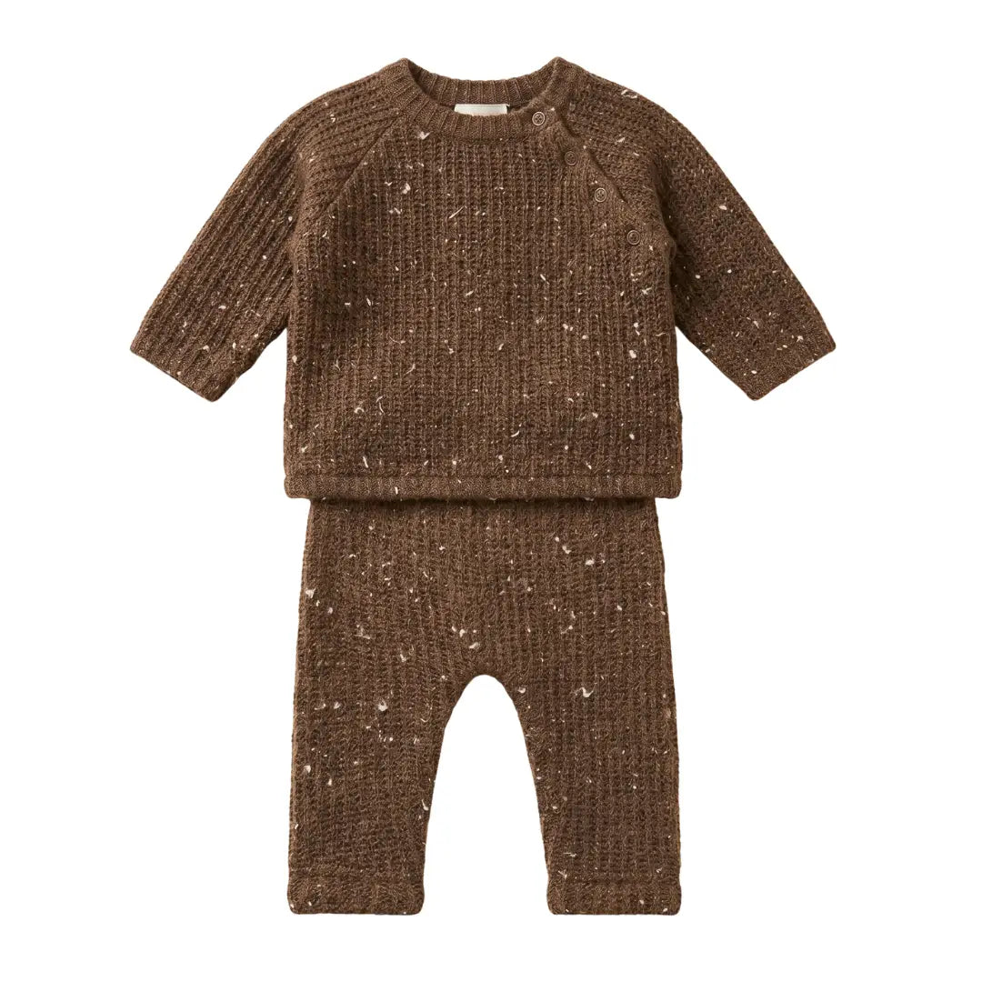 A breathtaking Tiny Tribe two-piece set featuring an immaculate brown speckle knit sweat top and matching leggings.