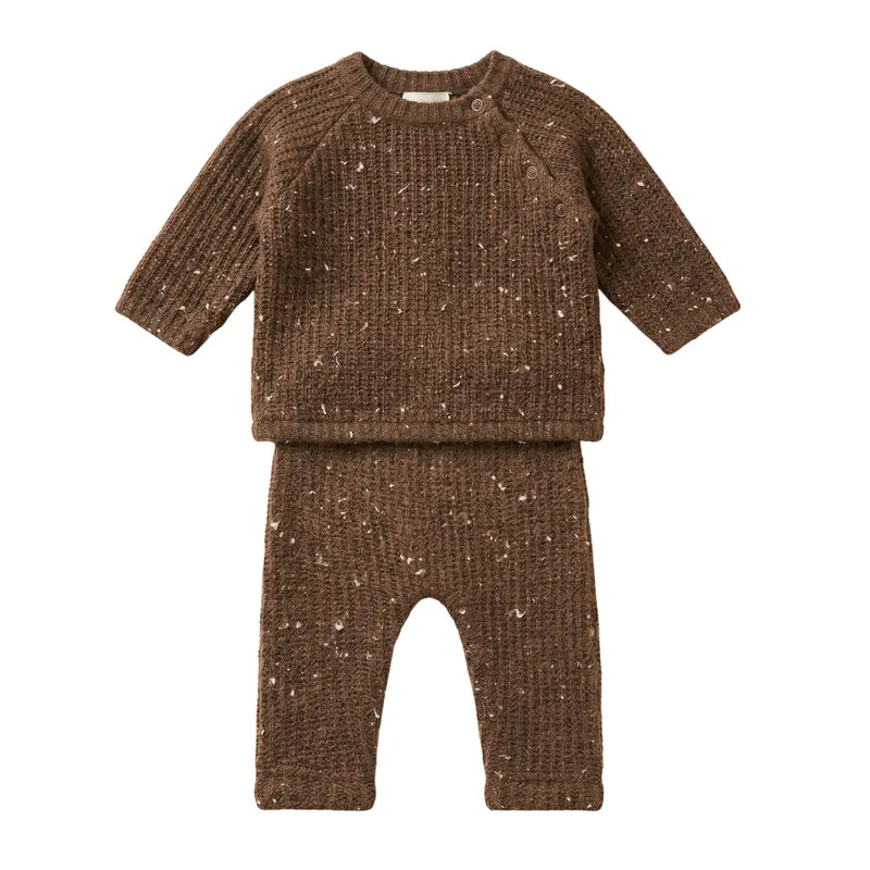 A breathtaking Tiny Tribe two-piece set featuring an immaculate brown speckle knit sweat top and matching leggings.