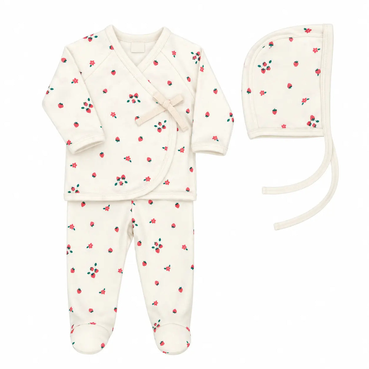 A flat-lay view of the Tuntun pointelle kimono 3-piece set in natural with strawberries.