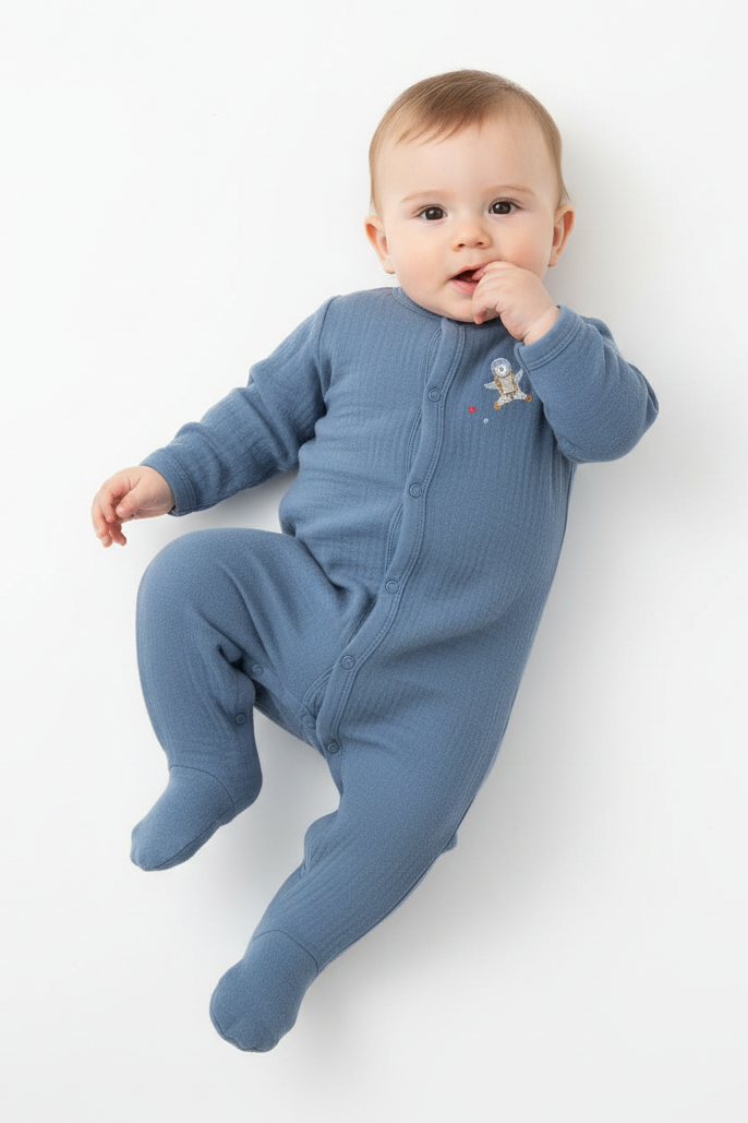 Baby wearing a blue onesie on a white background