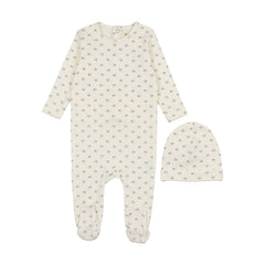 Mema Knits Blissful Blue Bud Print Footie + Beanie