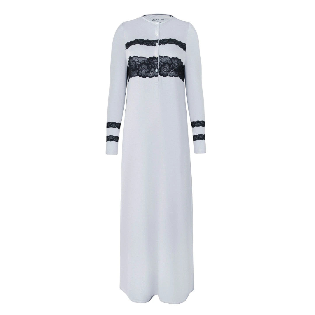 A breathtaking Velvette Crisp White Peruvian Cotton Long Sleeve Nightgown, showcasing its authoritative architectural modest fit and refined, butter-soft texture.