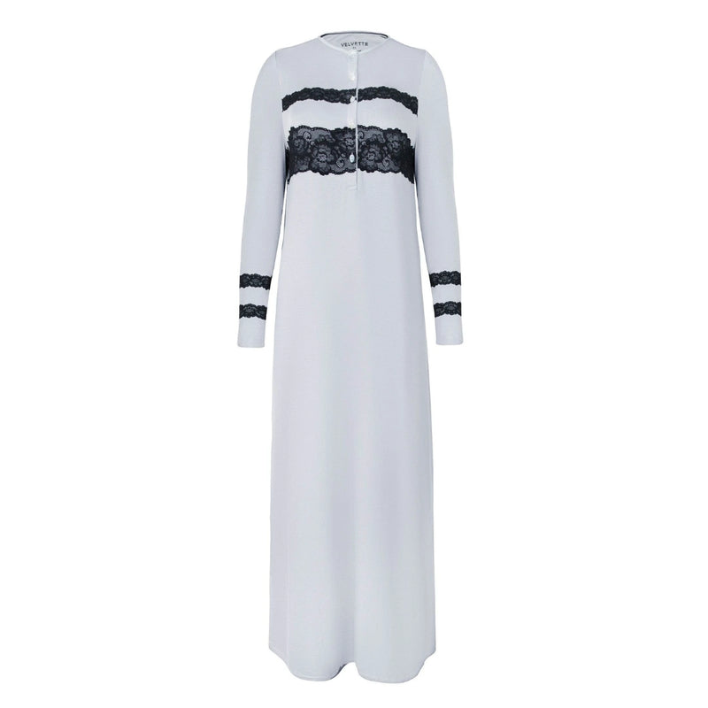 A breathtaking Velvette Crisp White Peruvian Cotton Long Sleeve Nightgown, showcasing its authoritative architectural modest fit and refined, butter-soft texture.