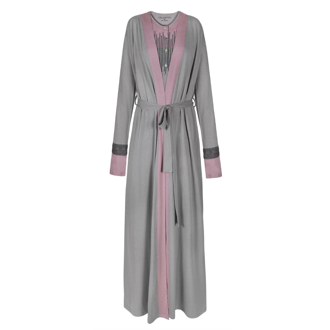 A breathtaking Velvette Peruvian Pima Cotton Robe, showcasing its authoritative architectural length and refined, modest silhouette.