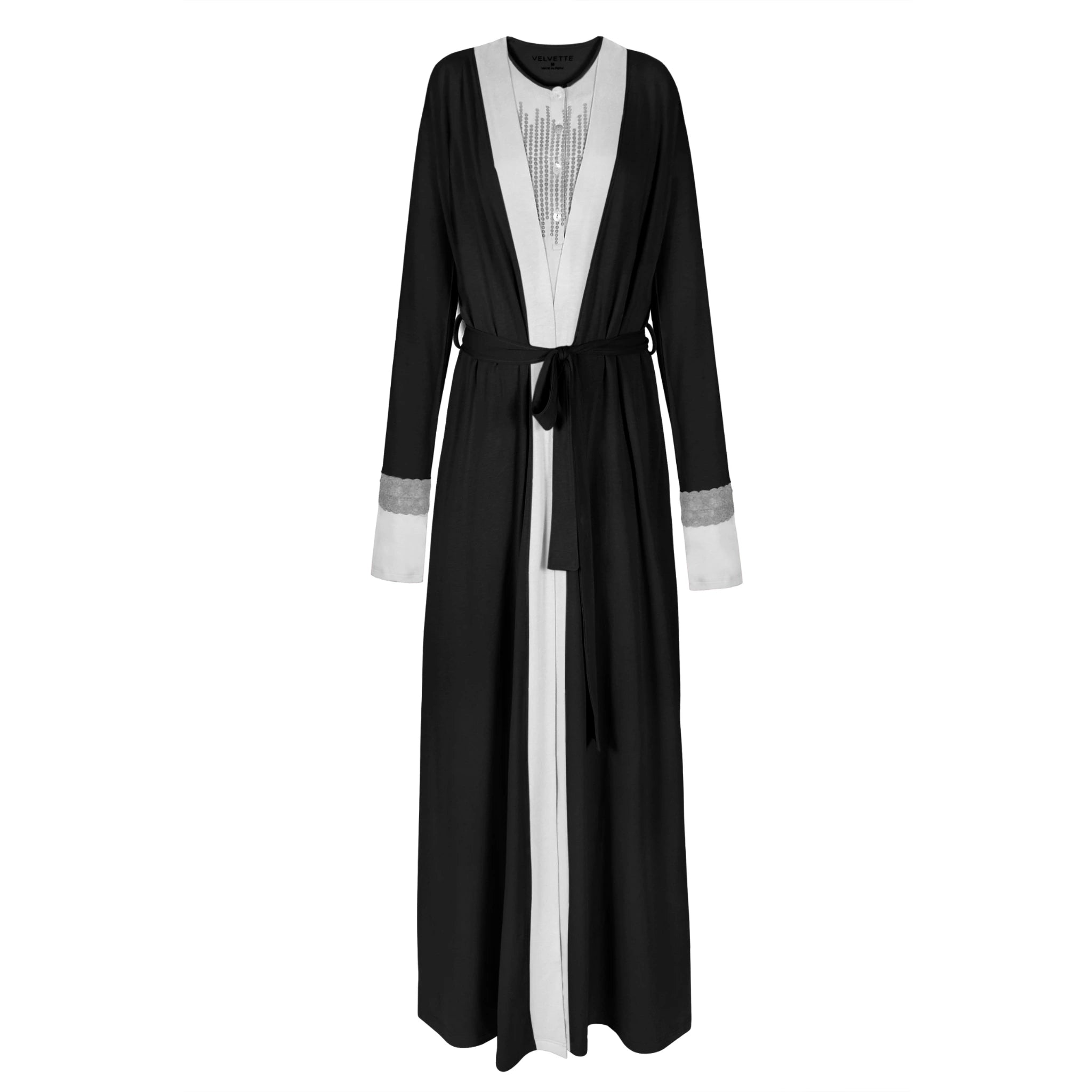 A breathtaking Velvette Peruvian Pima Robe, showcasing its authoritative architectural length and refined, modest silhouette.