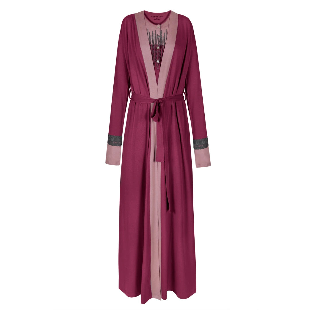 A breathtaking Velvette Pima French Terry Wrap Robe, showcasing its authoritative architectural length and refined, modest silhouette.