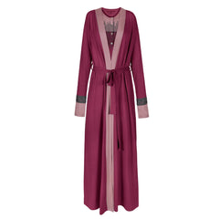 A breathtaking Velvette Pima French Terry Wrap Robe, showcasing its authoritative architectural length and refined, modest silhouette.