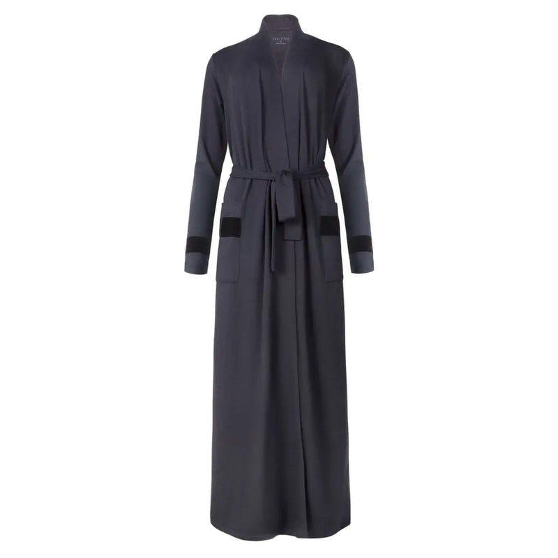 A breathtaking Velvette Peruvian Pima and Modal Long Sleeve Wrap Robe, showcasing its authoritative architectural modest fit and refined, butter-soft texture.