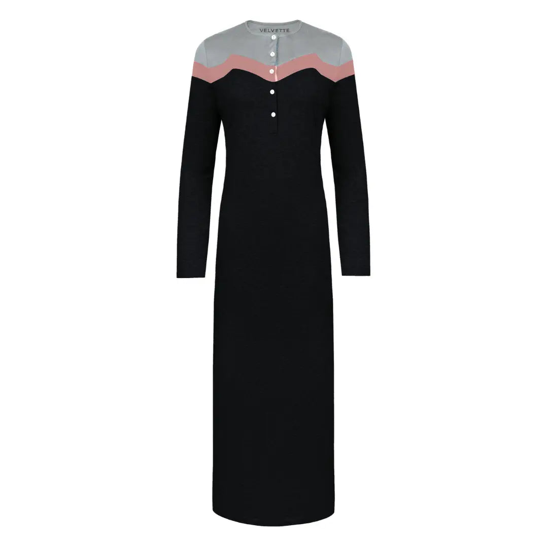 A breathtaking Velvette Color Block Nightgown in Black and Grey, showcasing its authoritative architectural modest fit and refined, butter-soft texture black