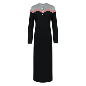 A breathtaking Velvette Color Block Nightgown in Black and Grey, showcasing its authoritative architectural modest fit and refined, butter-soft texture black