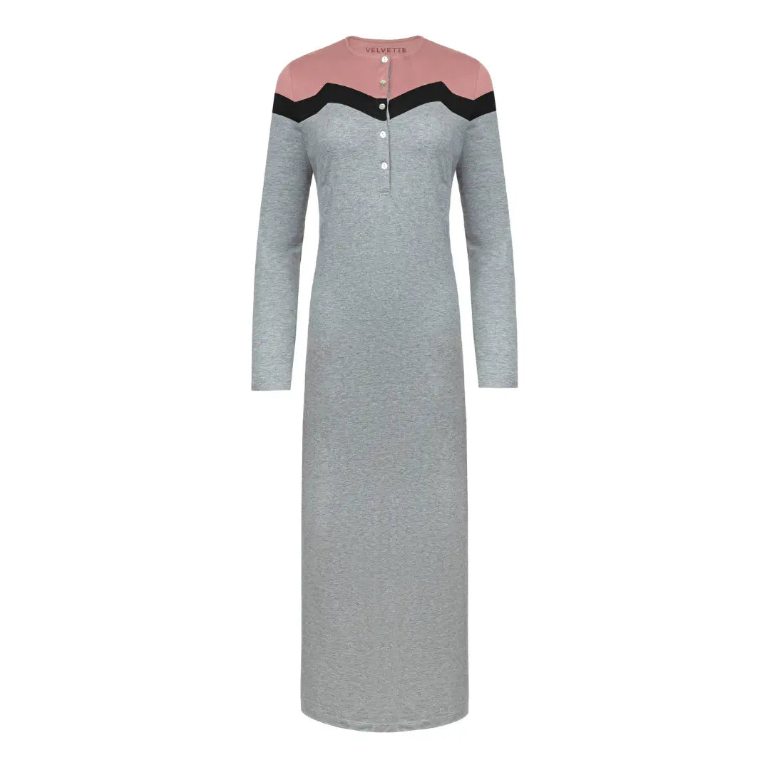 A breathtaking Velvette Color Block Nightgown in Black and Grey, showcasing its authoritative architectural modest fit and refined, butter-soft texture.