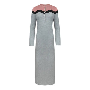 A breathtaking Velvette Color Block Nightgown in Black and Grey, showcasing its authoritative architectural modest fit and refined, butter-soft texture.