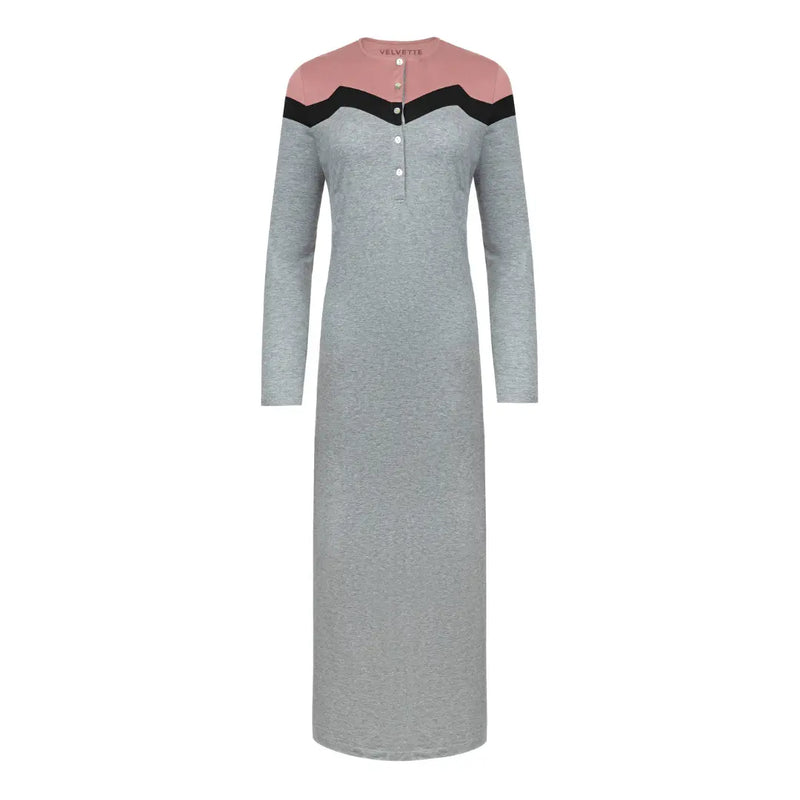 A breathtaking Velvette Color Block Nightgown in Black and Grey, showcasing its authoritative architectural modest fit and refined, butter-soft texture.