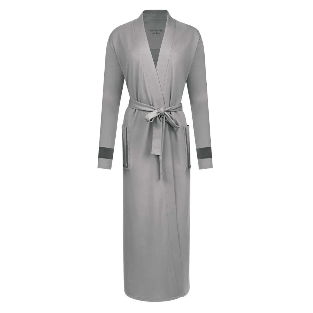 A breathtaking Velvette Pima and Modal Wrap Robe in Rose, Black, and Grey, showcasing its authoritative architectural modest fit and refined color-block texture grey