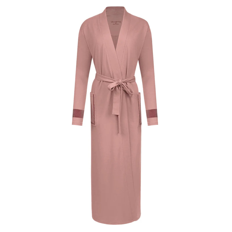 A breathtaking Velvette Pima and Modal Wrap Robe in Rose, Black, and Grey, showcasing its authoritative architectural modest fit and refined color-block texture.