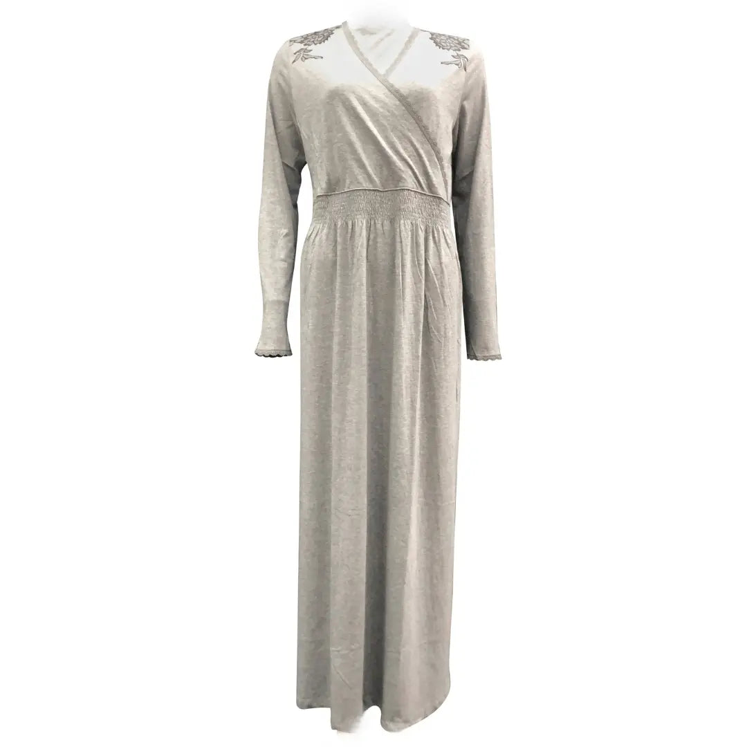 A breathtaking Velvette Pima Smocked Wrap Nursing Nightgown, showcasing its authoritative architectural modest fit and refined, butter-soft smocked texture.