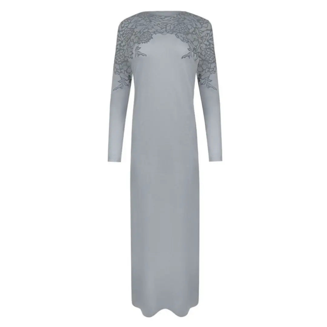 A breathtaking Velvette Lace Print Nightgown, showcasing its authoritative architectural modest fit and refined, butter-soft textile texture rey