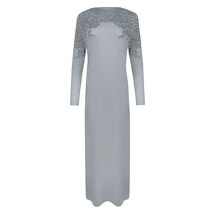 A breathtaking Velvette Lace Print Nightgown, showcasing its authoritative architectural modest fit and refined, butter-soft textile texture rey