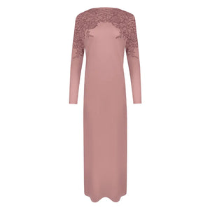 A breathtaking Velvette Lace Print Nightgown, showcasing its authoritative architectural modest fit and refined, butter-soft textile texture pink