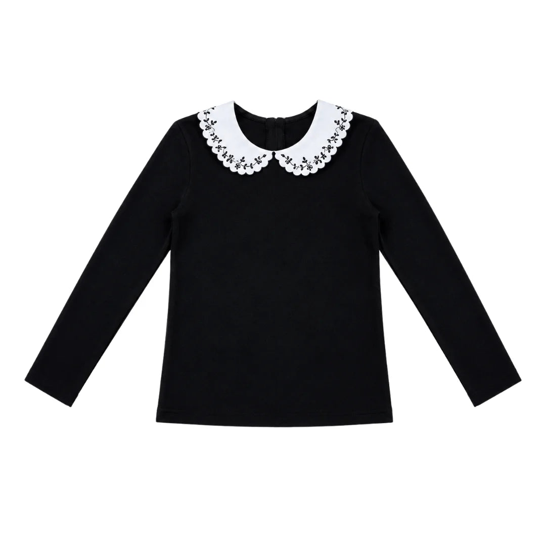 A front view of the We the Kids black embroidered collar rib knit children's top.