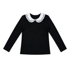 A front view of the We the Kids black embroidered collar rib knit children's top.