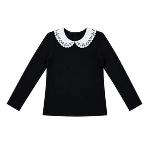 A front view of the We the Kids black embroidered collar rib knit children's top.