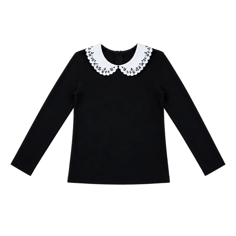 A front view of the We the Kids black embroidered collar rib knit children's top.