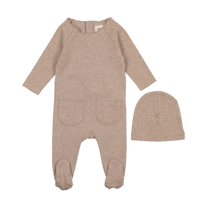 Mema Knits Oatmeal Heathered Roll Neck Footie + Beanie