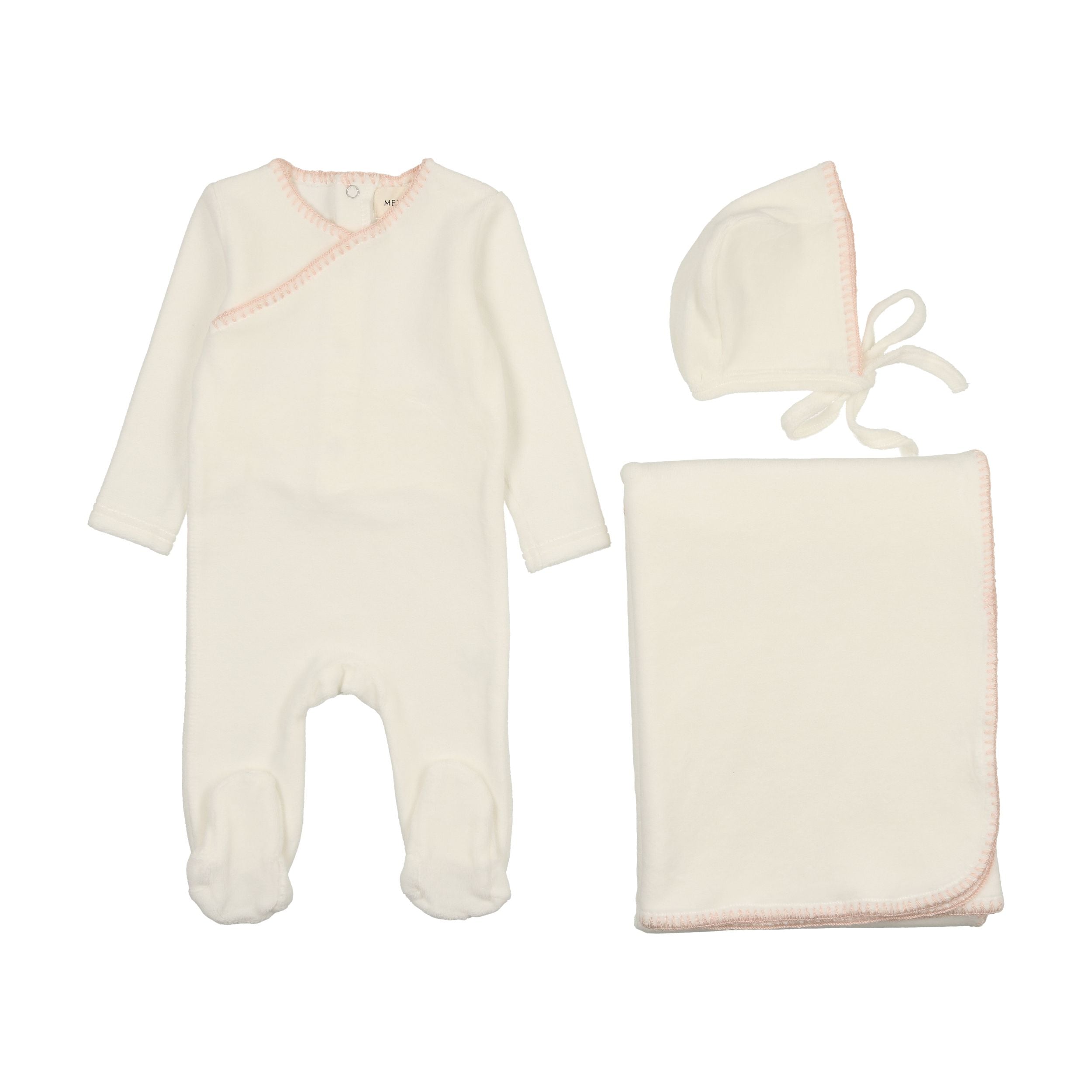 Mema Knits Cream Pink Velour Embroidered 3 Pc Set