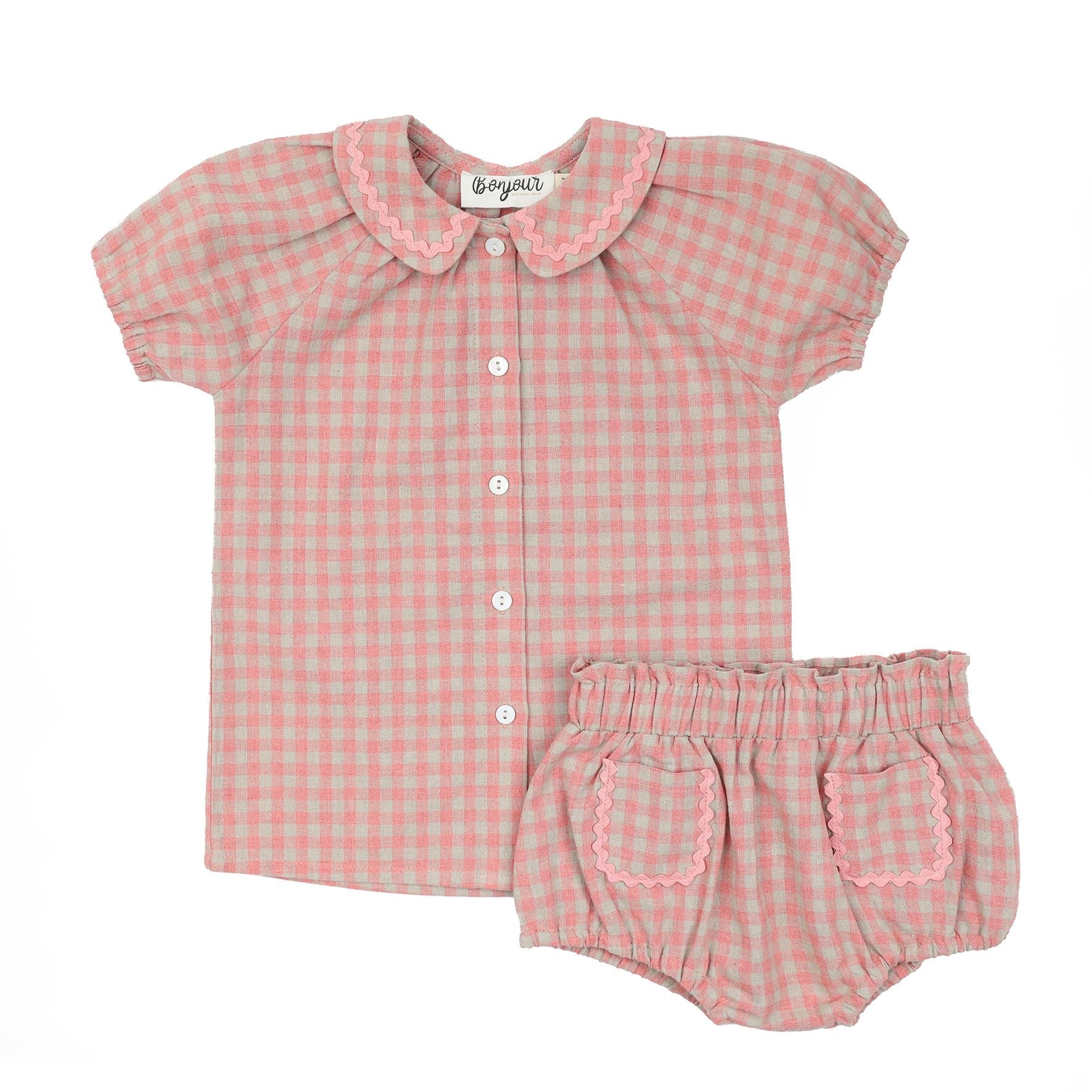 Bonjour Pink Gingham Collar Baby Girl Set