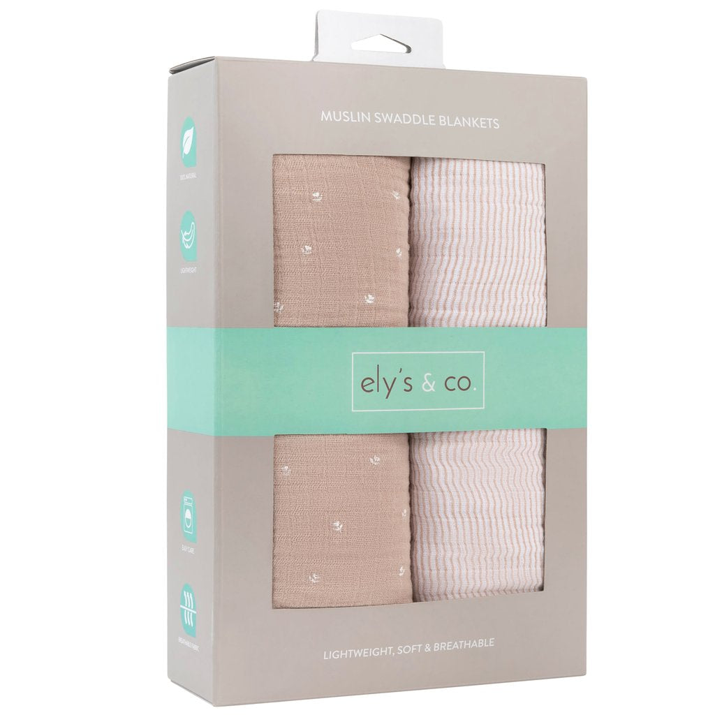 Cotton Muslin Swaddle Blanket I Mauve Tulip and Stripes